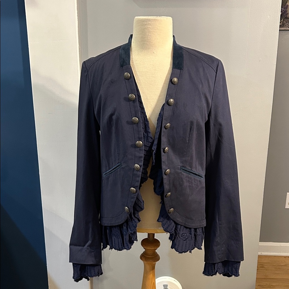 Sundance Navy Blazer with Ruffle Trim military style ladies size small S GUC